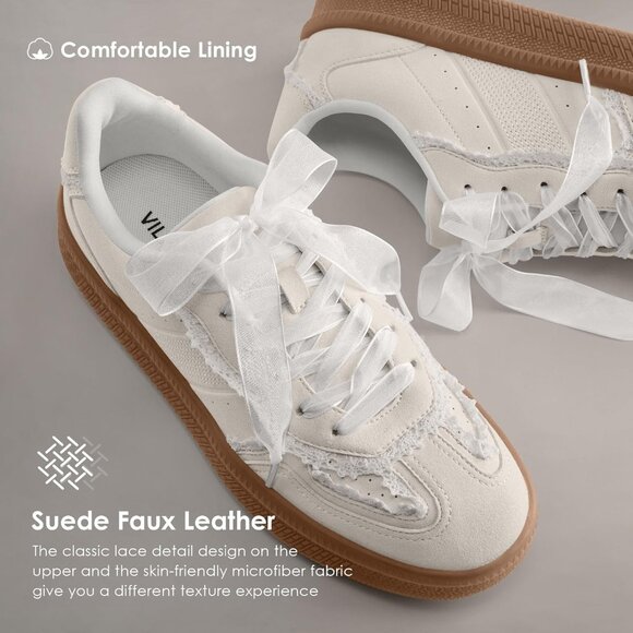 Women's Cream Lace Casual Dress Retro Gum Sole Trendy Walking Footwear Sneakers - Picture 4 of 6